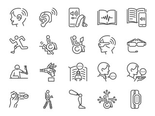 Disability with technology line icon set. 