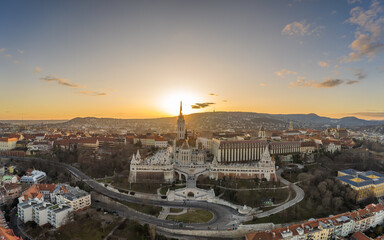 Fototapeta premium Aerial drone shot of Fisherman's Bastion on Buda Hill in Budapest sunset