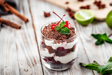 Tiramisu puff dessert with cream and chocolate 