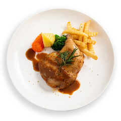 Chicken steak rosemary sauce with french fries on white background.