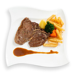 T-bone steak with french fries on white background.