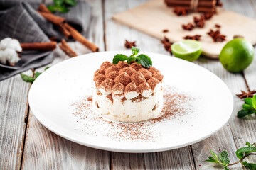 Gourmet sponge cake chocolate sprinkles and mint