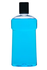 bottle of blue Mouthwash liquid isolated on a white background