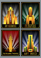 1920s Art Deco Buildings, Skyscraper and Rays Retro Posters, Art Deco Frames