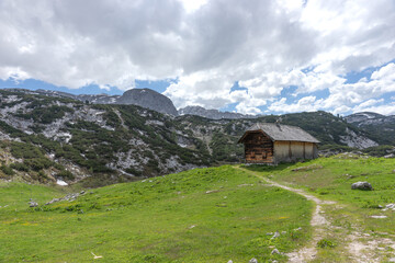 Fototapeta na wymiar Wooden hut on the austrian mountainsin the region Salzkammergut. Austria