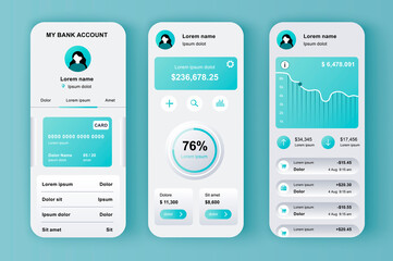 Fototapeta na wymiar Online banking unique neomorphic design kit for app. Mobile wallet screens with financial analytics and money balance. Financial management UI, UX template set. GUI for responsive mobile application.