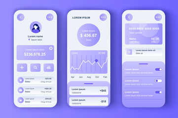 Online banking unique neomorphic design kit. Smart finance app with manage transactions and view account activities. Financial management UI, UX template set. GUI for responsive mobile application.