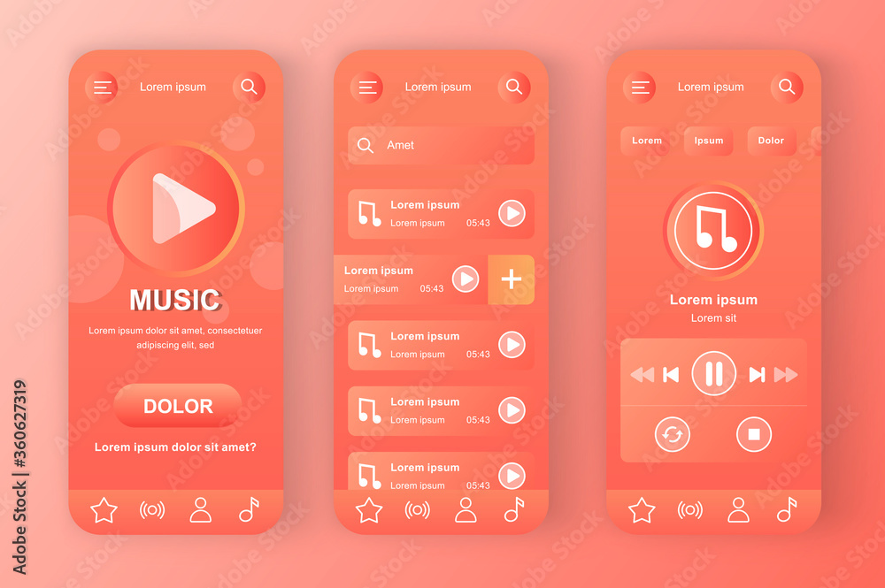 Fototapete Music player unique coral red neomorphic design kit. Favorite playlist with tracks, search music and audio streaming. Online music app UI, UX template set. GUI for responsive mobile application.