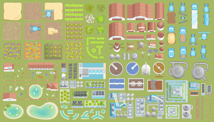 Vector set. Green city. Top view. Ecological technologies. Buildings, equipment, fields. View from above. © Алексей Шпадарук