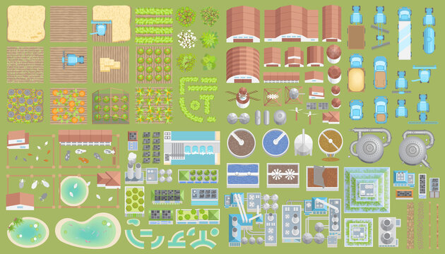 Vector Set. Green City. Top View. Ecological Technologies. Buildings, Equipment, Fields. View From Above.