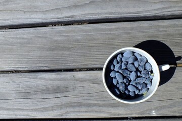 background image of a white mug with dark purple gray honeysuckle berries on a rough gray tree with...
