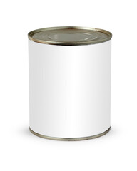 Tin can with blank label, isolated on white background with clipping path.