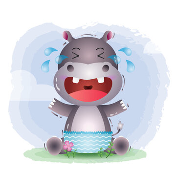 cute baby boy hippo in the children's style. cute cartoon hippopotamus vector illustration