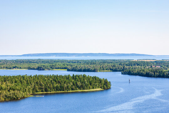 Aerial view at an archipelago with wooded islands