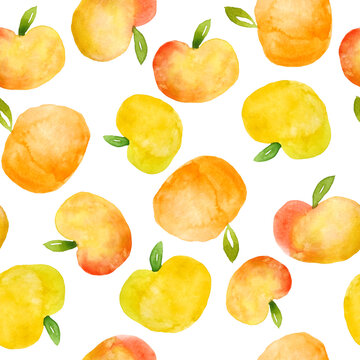 watercolor hand drawn seamless pattern with apples fruits painted in simple minimalist shape design for food labels packaging, kitchen textile wallpaper. orange yellow red green colors illustration