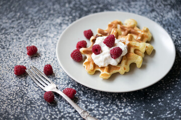 Belgian waffles with raspberries