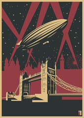 London Poster Retro Style, Tower Bridge, Dirigible, London City Silhouette Background, Night Scene, Rays of Light © koyash07