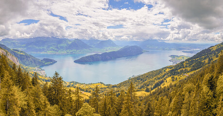 Panoramic view on Bürgenstock, Buochserhorn, Stanserhorn and Lake Lucerne (Vierwaldstättersee) from Rigi Kaltbad. Lucerne, Switzerland
