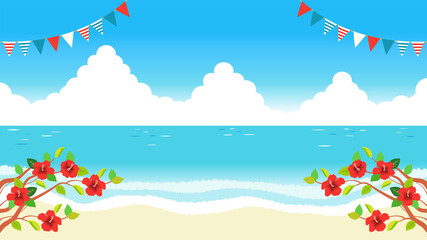 Fototapeta na wymiar 赤いハイビスカスが咲くビーチとガーランド