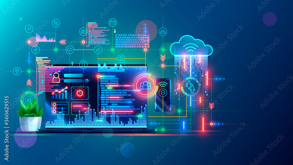 Leinwandbilder Software development, web coding on laptop. synchronization work data with cloud storage. Programming applications concept. Website design, coding, optimization for phone. remote work in home office.