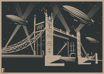 London Poster Retro Style, Tower Bridge, Dirigibles, Night, Stars and Rays of Light © koyash07