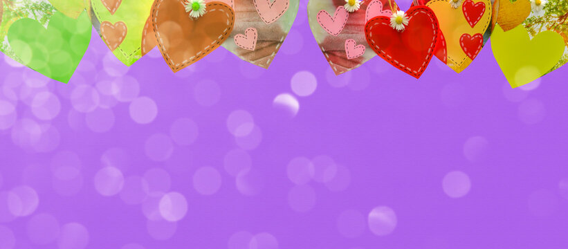 hanging decorative colorful hearts on bright color background.