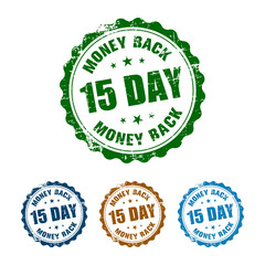 Grunge styled 15 Day Money Back icon, stamp, banner isolated on white background. Vector illustration, eps 10. 