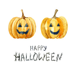 Watercolor card of carved pumpkins. Hand-drawn illustration isolated on the white background. Halloween party elements.