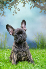 An adorable brown and black brindle French Bulldog Dog, against a dramatic sky with a tree in background, composite photo