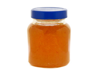 Orange jam in a glass jar isolated on white