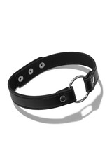 Detailed shot of a black leather collar with steel ring and studs. The adjustable choker with snap...