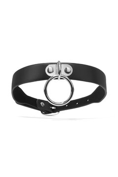 Detailed shot of a black leather collar with hinged steel ring and steel buckle. The adjustable choker is isolated on the white background.  