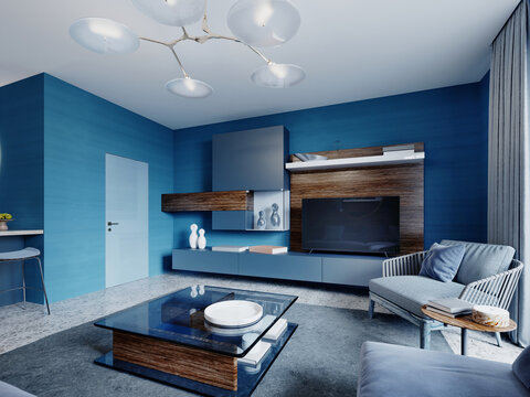 Contemporary interior studio living room in blue colors.