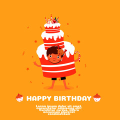 cute kid boy costume cake cartoon vector.happy birth day card.