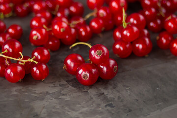 Red currants scattered over a gray texture background