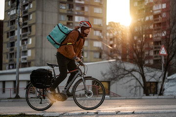 Young man working as bike courier in the city