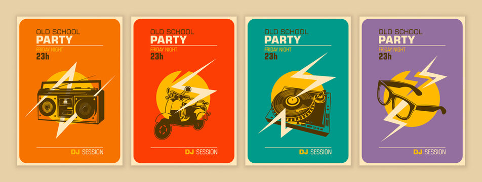 Set of party posters in retro style. Vector illustration.