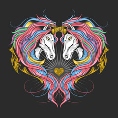 UNICORN FULL RAINBOW COLOR HAIR,  TWIN AND MAKE LOVE SHAPE. ARTWORK IS EDITABLE LAYERS VECTOR