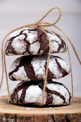 Marble chocolate cookies on a wooden stand in powder