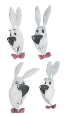 Collection of works, watercolor easter bunnies, decoration of Easter cards, greeting cards, emotions, psychological state, ideas for decorating children`s and souvenir products. Easter Card Ideas.