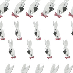 Patterned image of easter bunnies, watercolor, smiling bunnies, linear pattern, design of packaging, children’s and souvenir products, Easter products, ideas for cards, Easter cards.