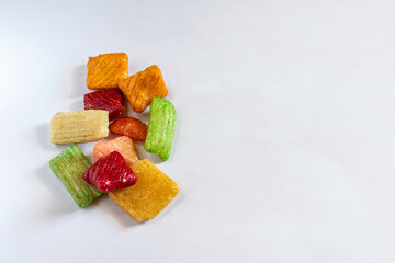 A bunch of Japan mix sweet in white backgound,  Selective focus, Selective focus on subject, background blur