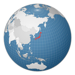 Globe centered to Japan. Country highlighted with green color on world map. Satellite world projection. Elegant vector illustration.