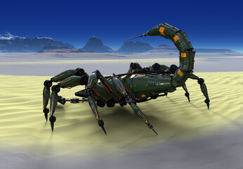 Fototapeta premium 3D Rendered Futuristic Mechanical Robot Scorpion Walking on Fantasy Landscape - 3D Illustration