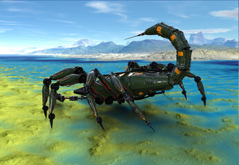 3D Rendered Futuristic Mechanical Robot Scorpion Walking on Fantasy Landscape - 3D Illustration