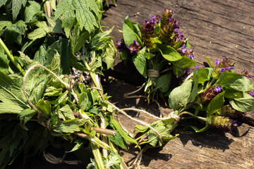 Small medicinal herbs brooms for drying and preparation for cosmetics and home medicine, herbal medicine and herbalism.