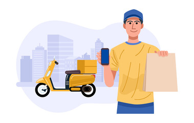 Delivery man with smartphone holding paper bag. Vector