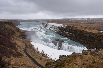 Gullfoss waterfall Iceland, snow, landscape, wild, copy space