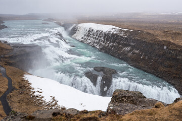 Gullfoss waterfall Iceland, snow, landscape, wild, copy space
