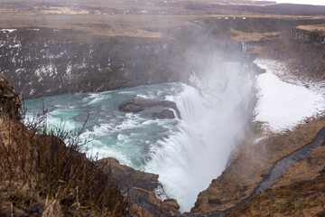 Gullfoss waterfall Iceland, snow, landscape, wild, copy space